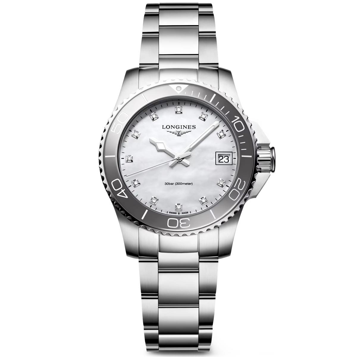 HydroConquest 32mm White Mother of Pearl Diamond Dial Bracelet Watch