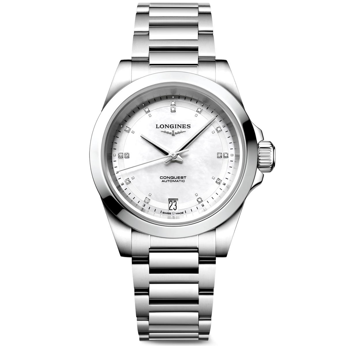 Conquest 34mm White Diamond Dial & Bezel Ladies Bracelet Watch