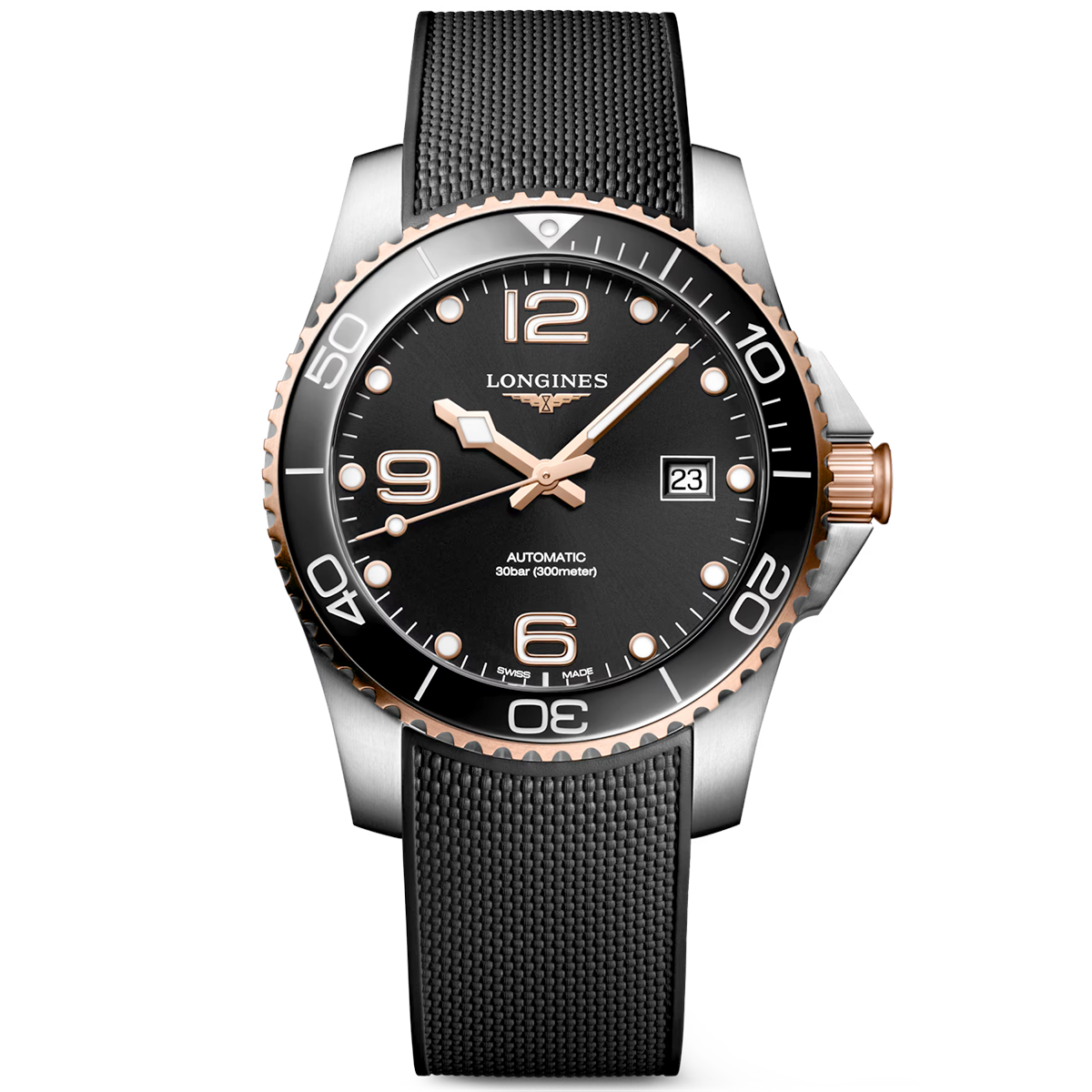 HydroConquest 41mm Two-Tone Black Dial Men's Rubber Strap Watch