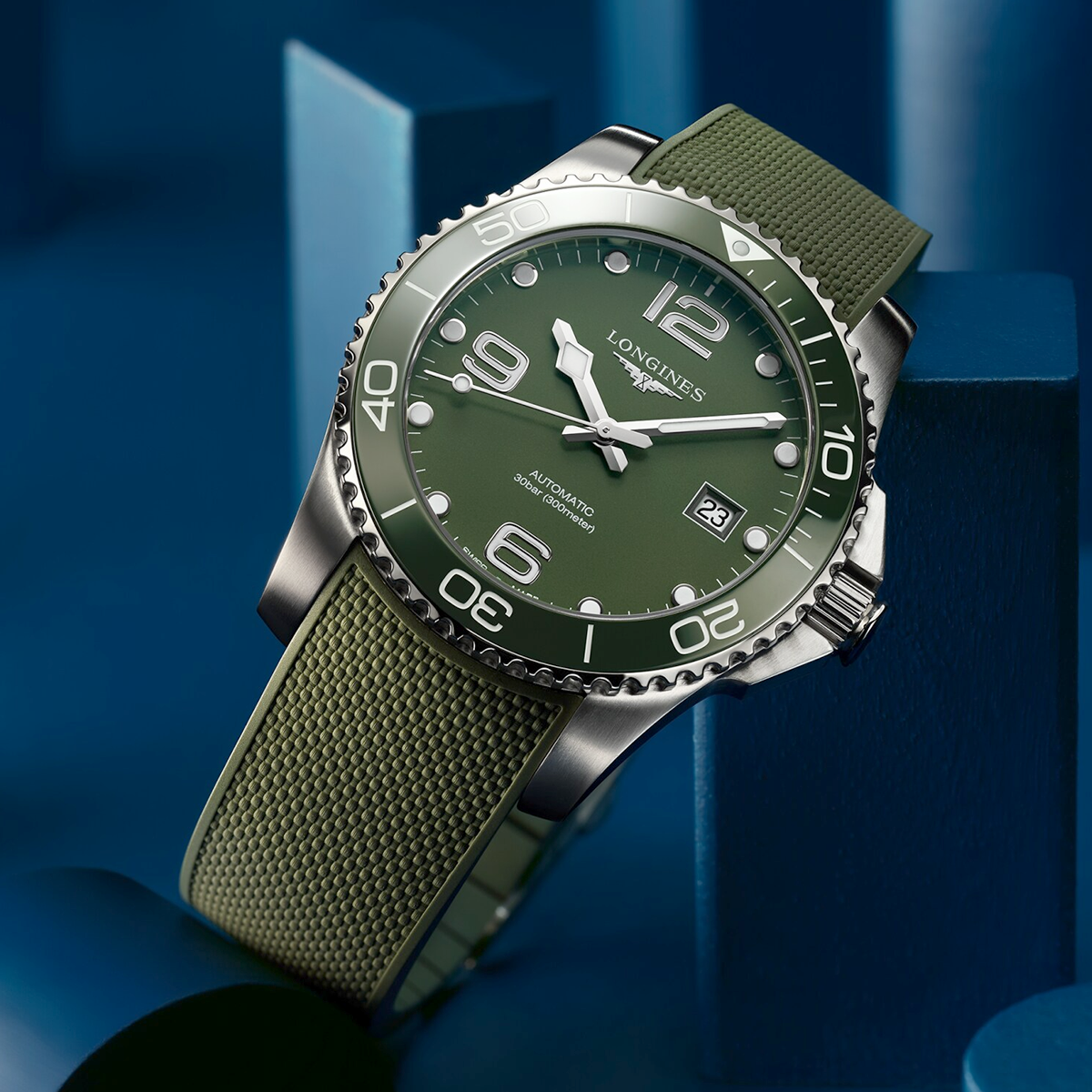 HydroConquest 41mm Green Dial & Ceramic Bezel Men's Rubber Strap Watch
