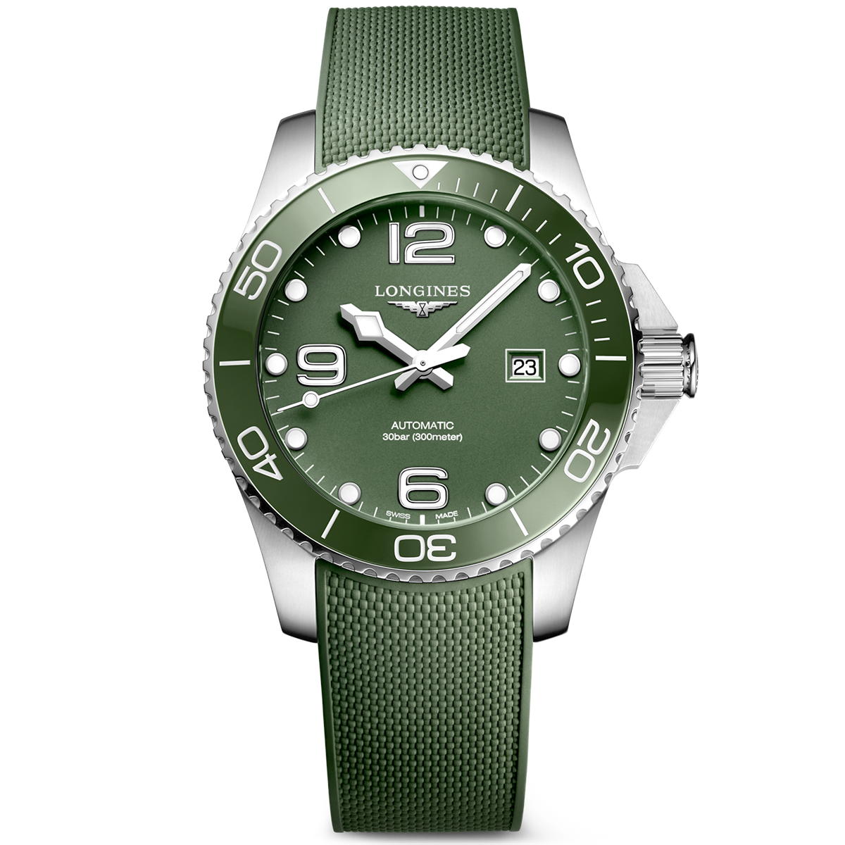 HydroConquest 43mm Green Dial Automatic Rubber Strap Watch