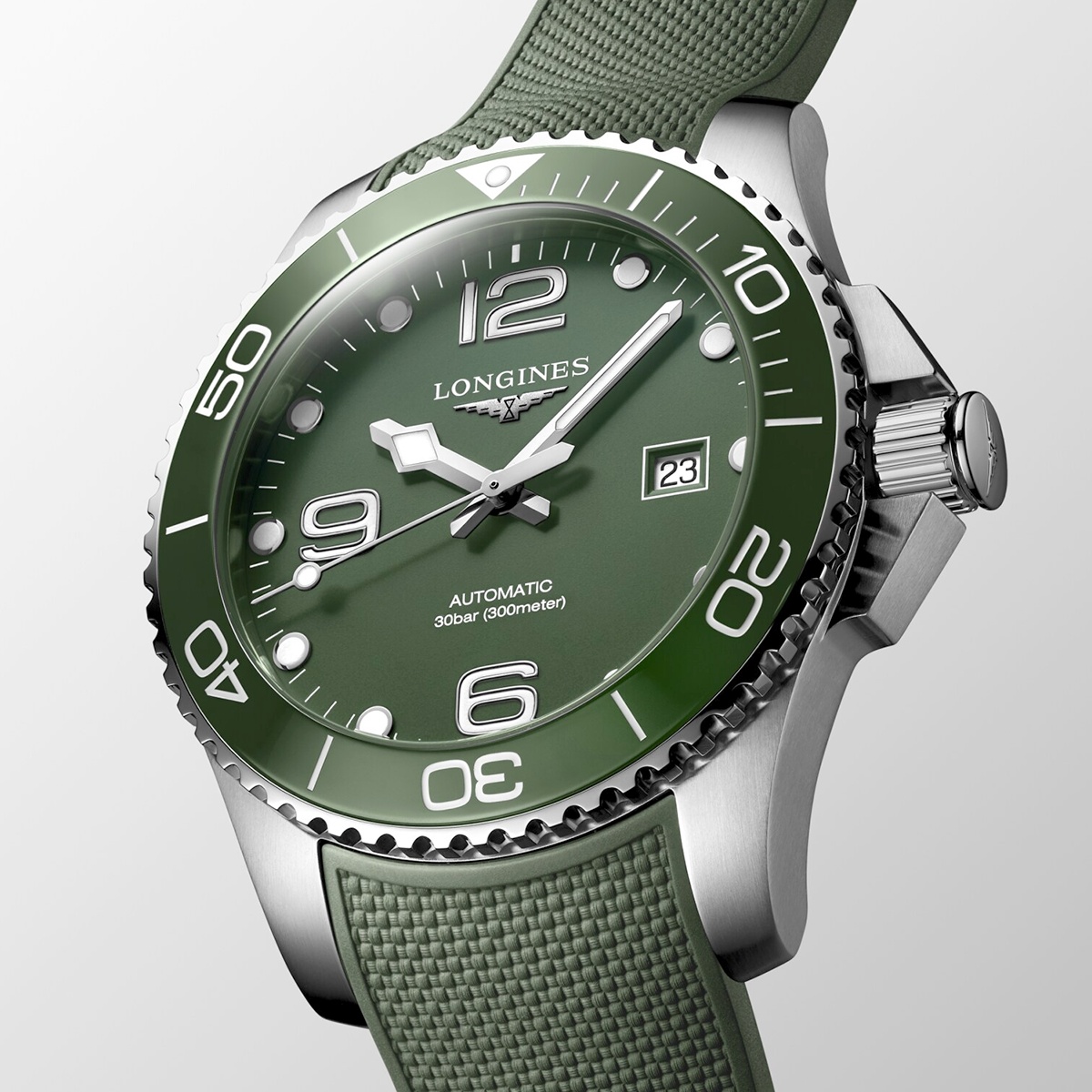 HydroConquest 43mm Green Dial Automatic Rubber Strap Watch