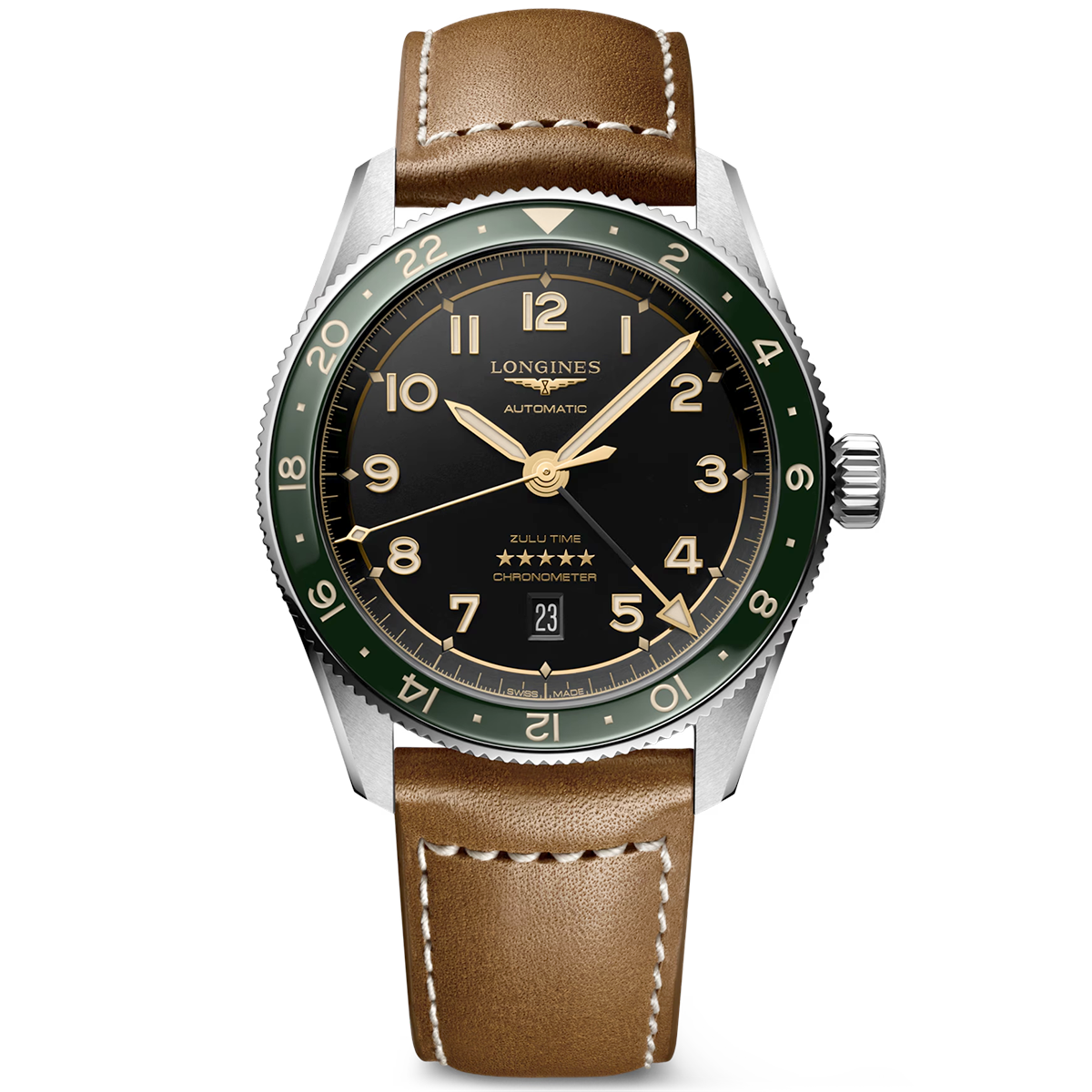 Spirit Zulu Time 42mm Black/Gold Dial Men's Leather Strap Watch
