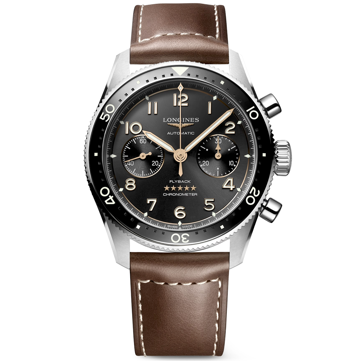 Spirit Flyback 42mm Black Sunray Dial Chronograph Leather Strap Watch