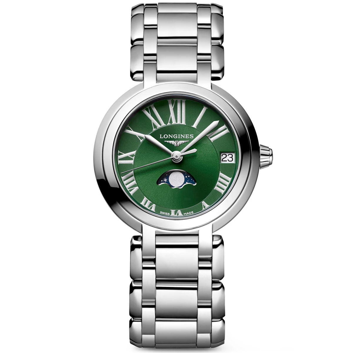 PrimaLuna Moonphase 30.5mm Green Sunray Dial Bracelet Watch
