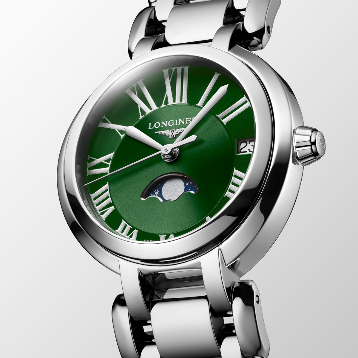 PrimaLuna Moonphase 30.5mm Green Sunray Dial Bracelet Watch