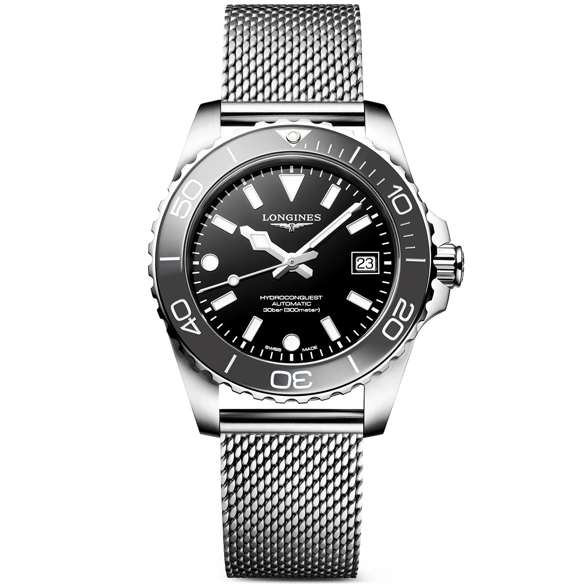 Longines HydroConquest 39mm Grey Ceramic Bezel Milanese Bracelet Watch - Berry's Jewellers