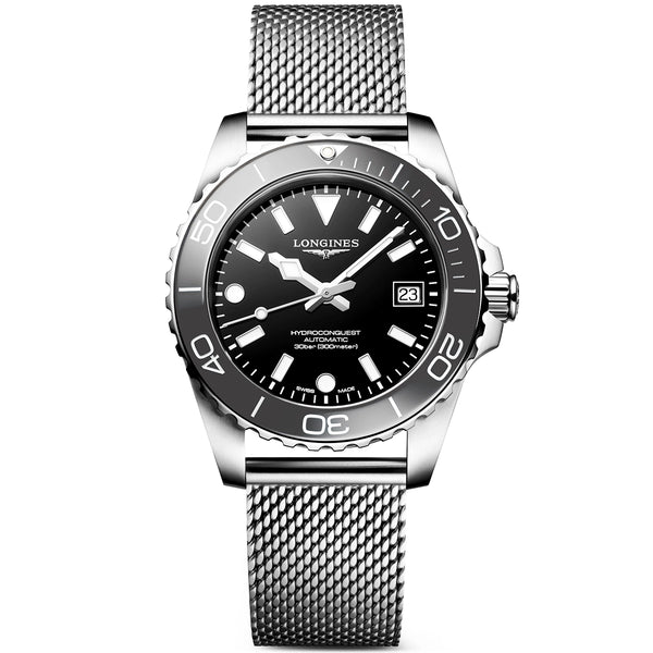 Longines HydroConquest 39mm Grey Ceramic Bezel Milanese Bracelet Watch - Berry's Jewellers