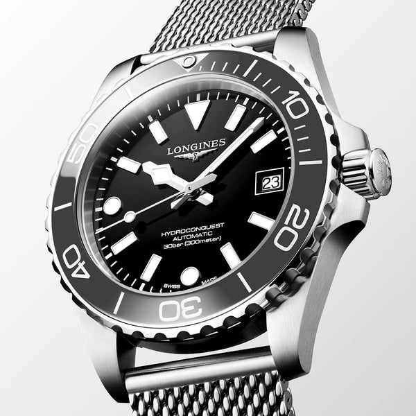 Longines HydroConquest 39mm Grey Ceramic Bezel Milanese Bracelet Watch - Berry's Jewellers