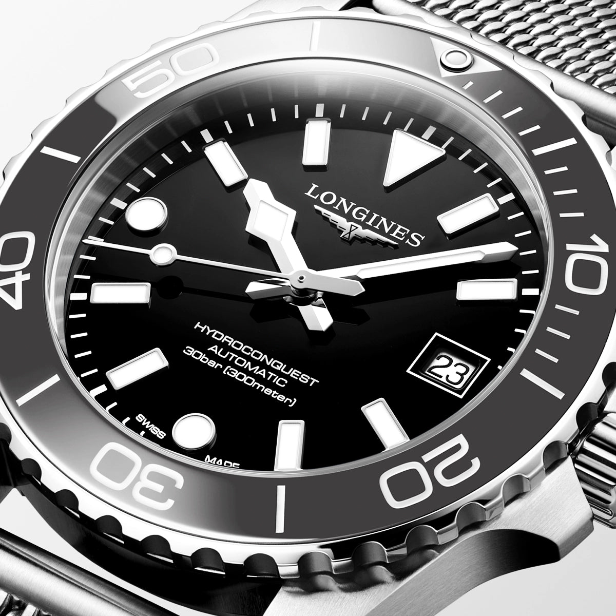 Longines HydroConquest 39mm Grey Ceramic Bezel Milanese Bracelet Watch - Berry's Jewellers