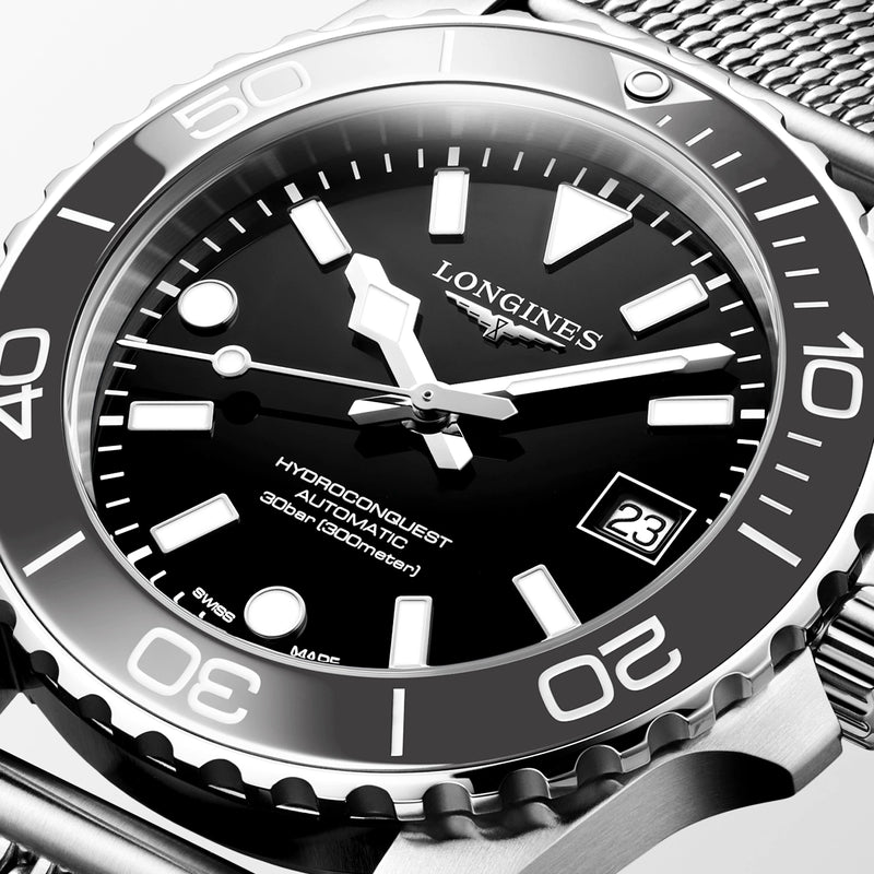 Longines HydroConquest 39mm Grey Ceramic Bezel Milanese Bracelet Watch - Berry's Jewellers
