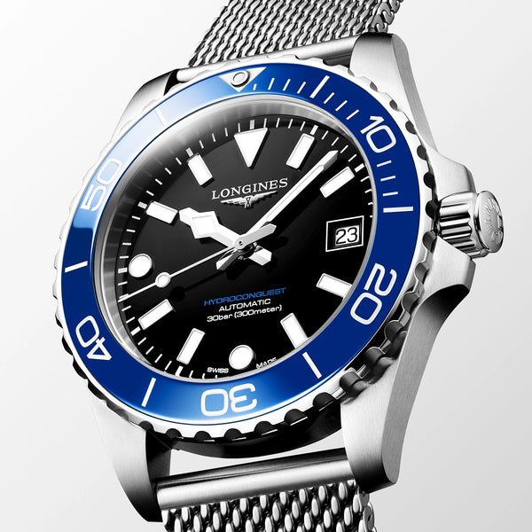 Longines HydroConquest 39mm Blue Ceramic Bezel Milanese Bracelet Watch - Berry's Jewellers