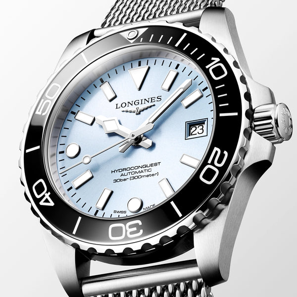 Longines HydroConquest 39mm Ice Blue Dial Milanese Bracelet Watch - Berry's Jewellers