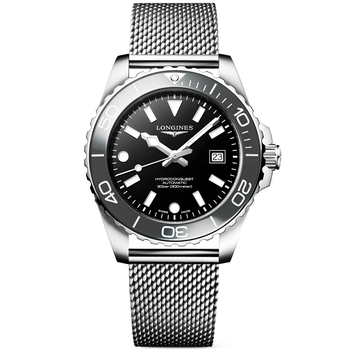 Longines HydroConquest 42mm Grey Ceramic Bezel Milanese Bracelet Watch - Berry's Jewellers