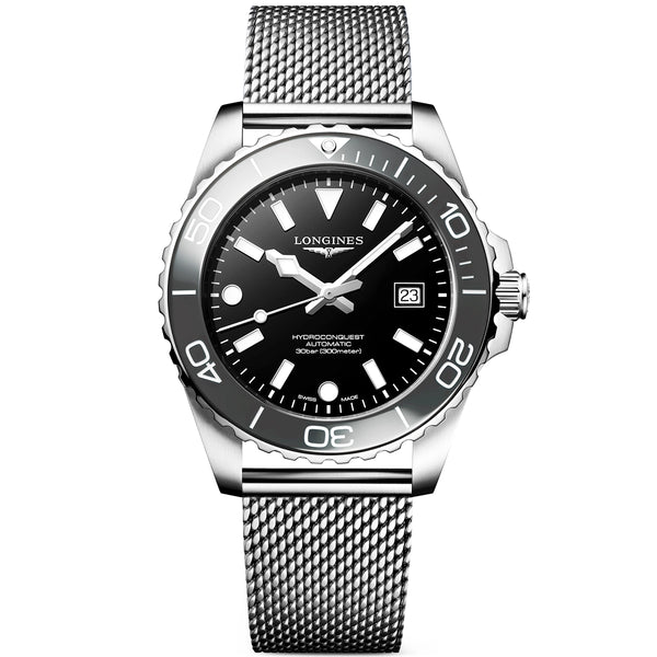 Longines HydroConquest 42mm Grey Ceramic Bezel Milanese Bracelet Watch - Berry's Jewellers