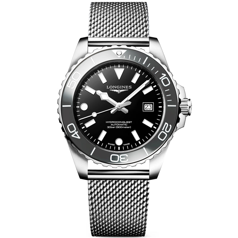 Longines HydroConquest 42mm Grey Ceramic Bezel Milanese Bracelet Watch - Berry's Jewellers