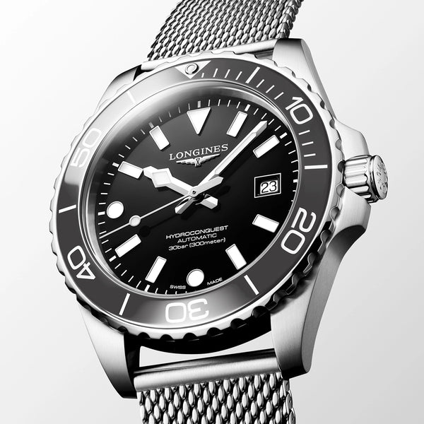 Longines HydroConquest 42mm Grey Ceramic Bezel Milanese Bracelet Watch - Berry's Jewellers