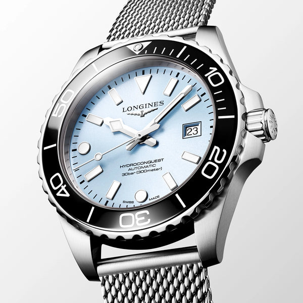 Longines HydroConquest 42mm Ice Blue Dial Milanese Bracelet Watch - Berry's Jewellers