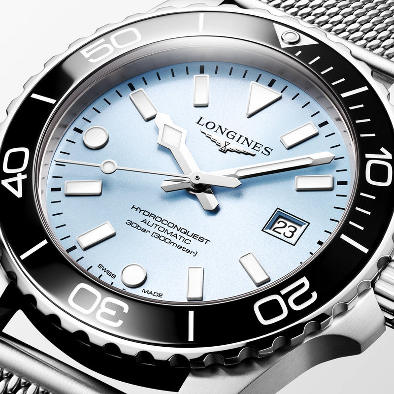 Longines HydroConquest 42mm Ice Blue Dial Milanese Bracelet Watch - Berry's Jewellers