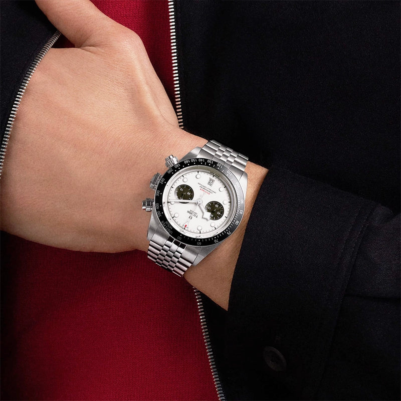 TUDOR Black Bay Chrono 41mm Opaline Silver Dial Five-Link Bracelet Watch - Berry's Jewellers