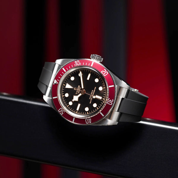 TUDOR Black Bay 41mm Black Dial & Red Bezel Men's Rubber Strap Watch - Berry's Jewellers