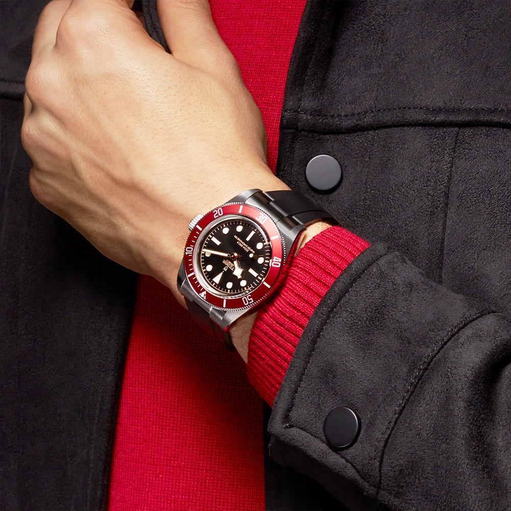 TUDOR Black Bay 41mm Black Dial & Red Bezel Men's Rubber Strap Watch - Berry's Jewellers