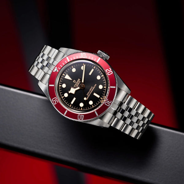 TUDOR Black Bay 41mm Black Dial & Red Bezel Five-Link Bracelet Watch - Berry's Jewellers