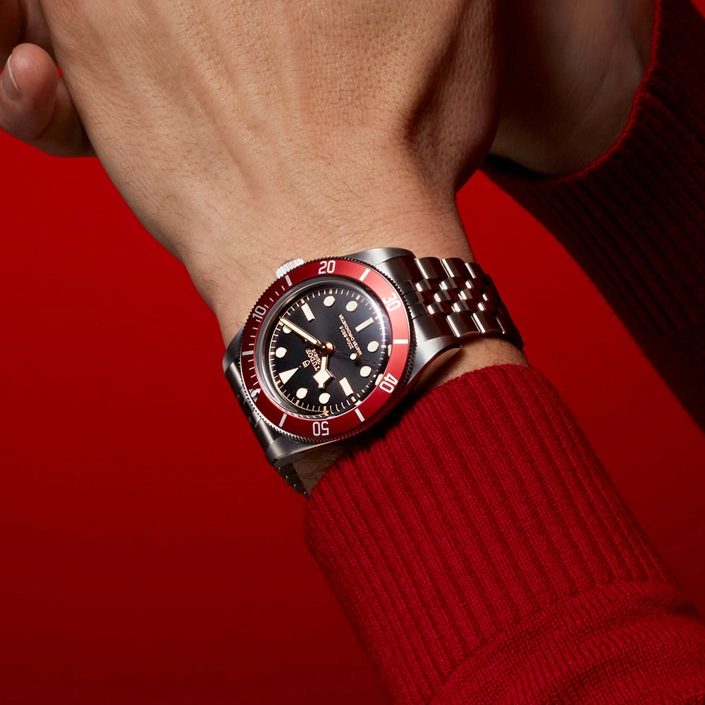 TUDOR Black Bay 41mm Black Dial & Red Bezel Five-Link Bracelet Watch - Berry's Jewellers
