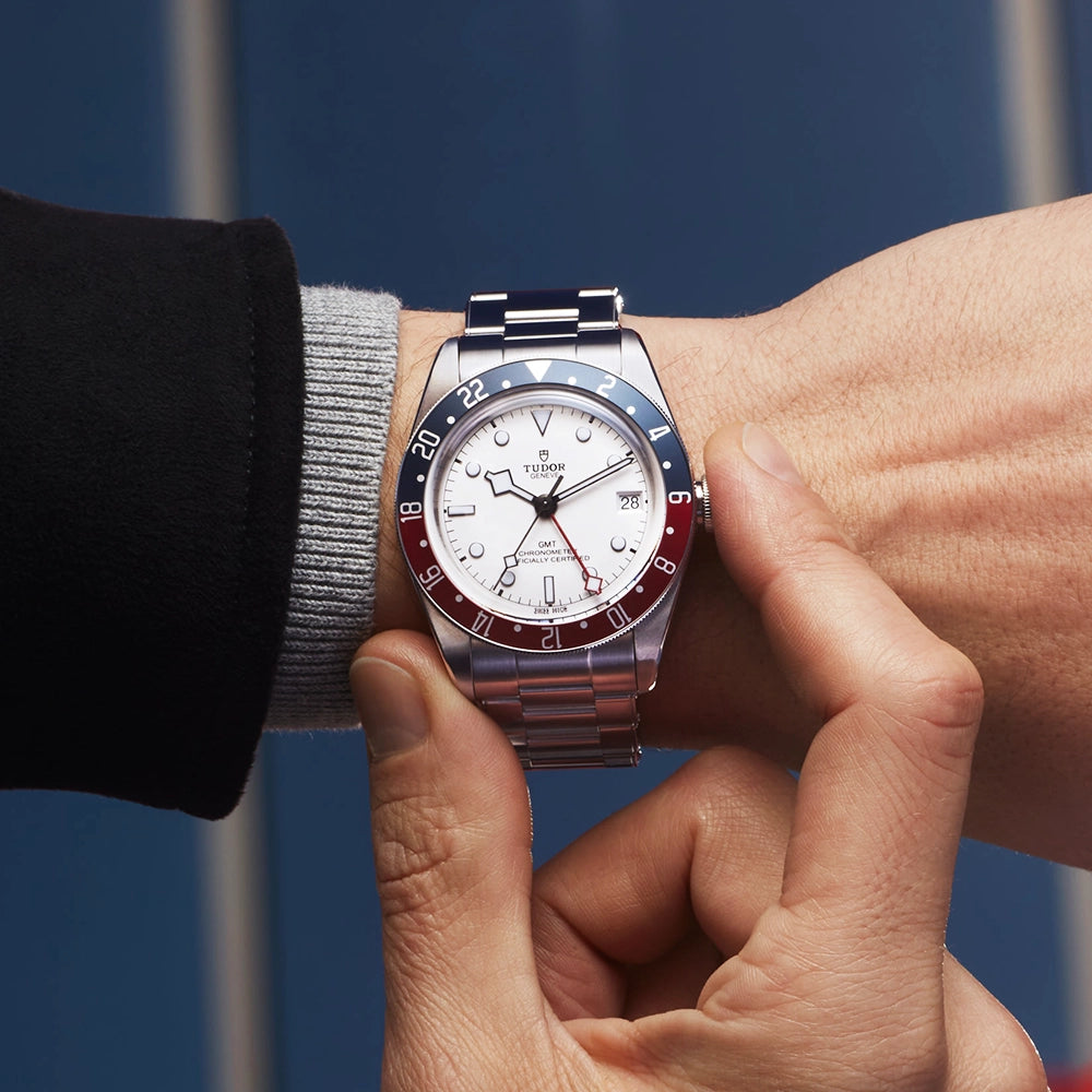 TUDOR Black Bay GMT 41mm White Dial & Red/Blue Bezel Bracelet Watch - Berry's Jewellers