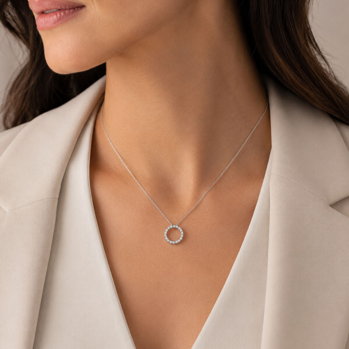 18ct White Gold And Round Brilliant Cut Diamond Open Circle Pendant