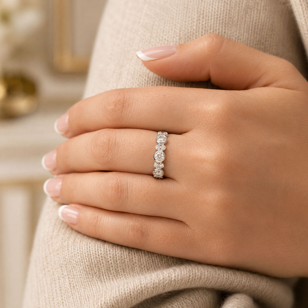 Platinum Rub Over Diamond Set Dress Ring