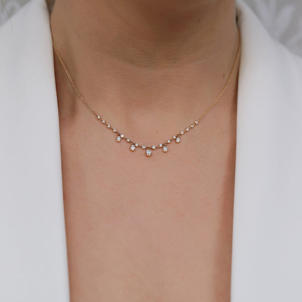 Berry's 18ct Rose Gold Rub Over Set Diamond Necklet With Five Diamond Drops - Berry's Jewellers