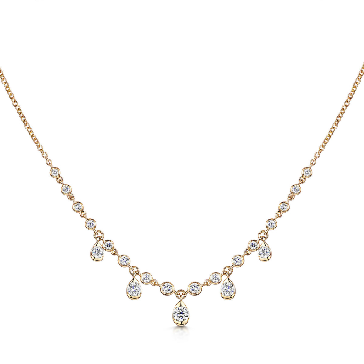 18ct Yellow Gold Rub Over Set Diamond Necklet With Five Diamond Drops