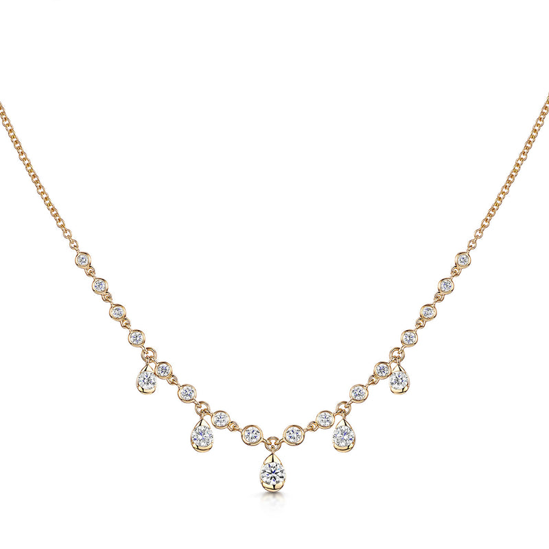 18ct Yellow Gold Rub Over Set Diamond Necklet With Five Diamond Drops