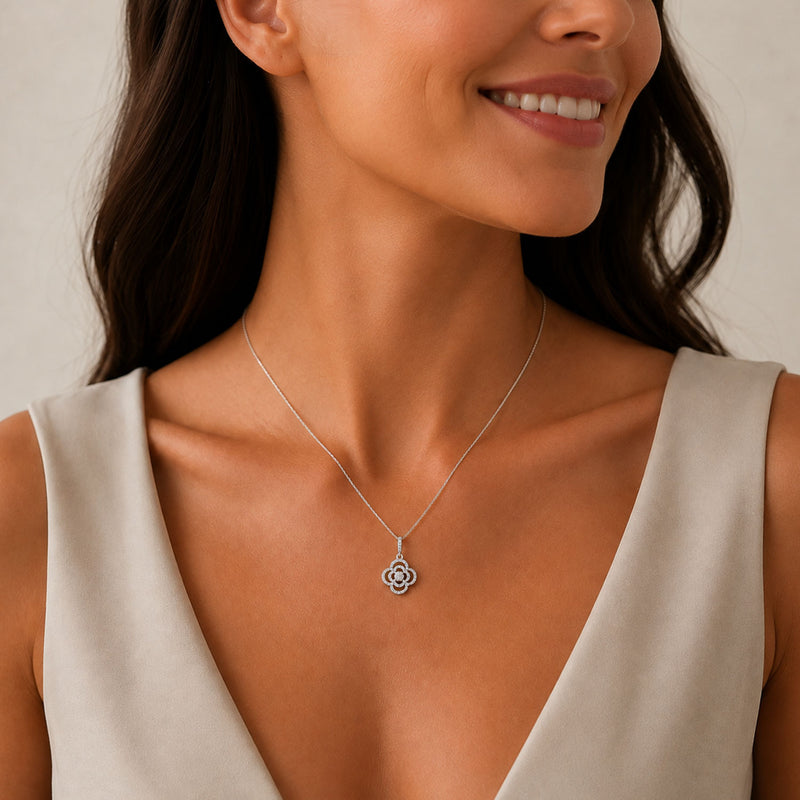 18ct White Gold and Round Brilliant Cut Diamond Open Flower Pendant