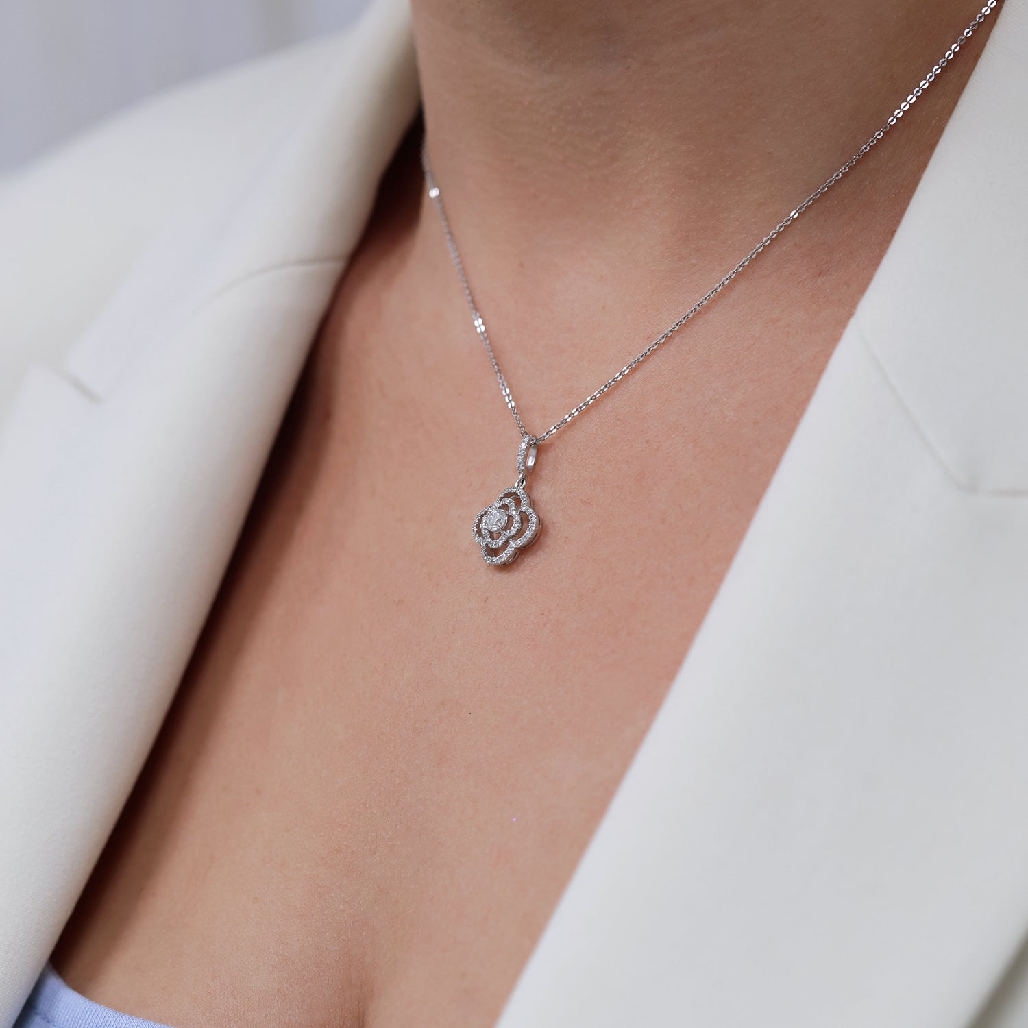 Berry's 18ct White Gold and Round Brilliant Cut Diamond Open Flower Pendant - Berry's Jewellers