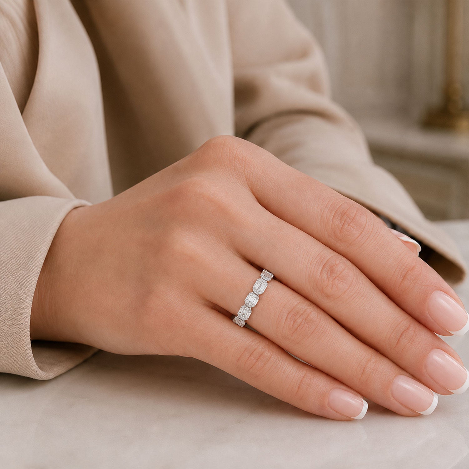 Platinum Five Stone Baguette and Round Brilliant Diamond Horizontal Cluster Ring