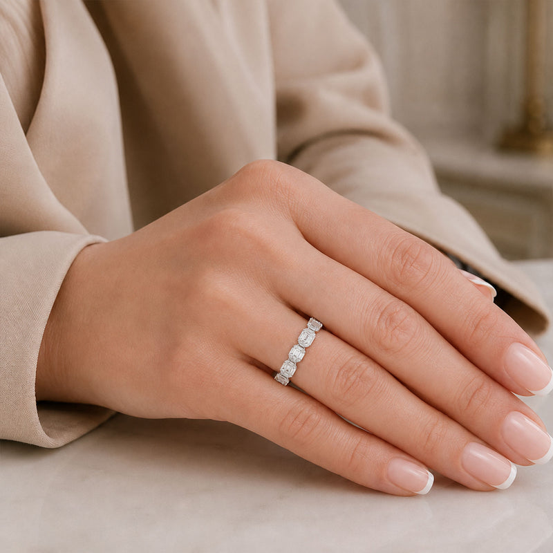 Platinum Five Stone Baguette and Round Brilliant Diamond Horizontal Cluster Ring