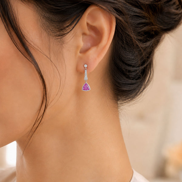 18ct White Gold Triangular Pink Sapphire & Diamond Drop Earrings