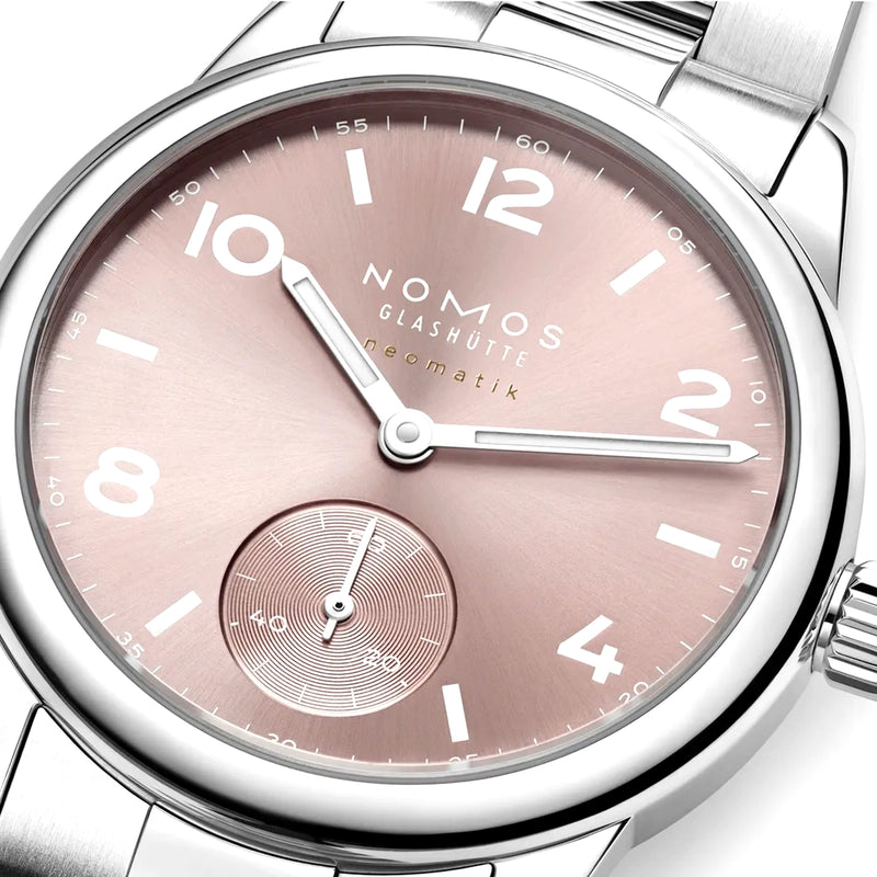 NOMOS Glashütte Club Sport Neomatik 34mm Rose Pink Dial Ladies Bracelet Watch - Berry's Jewellers