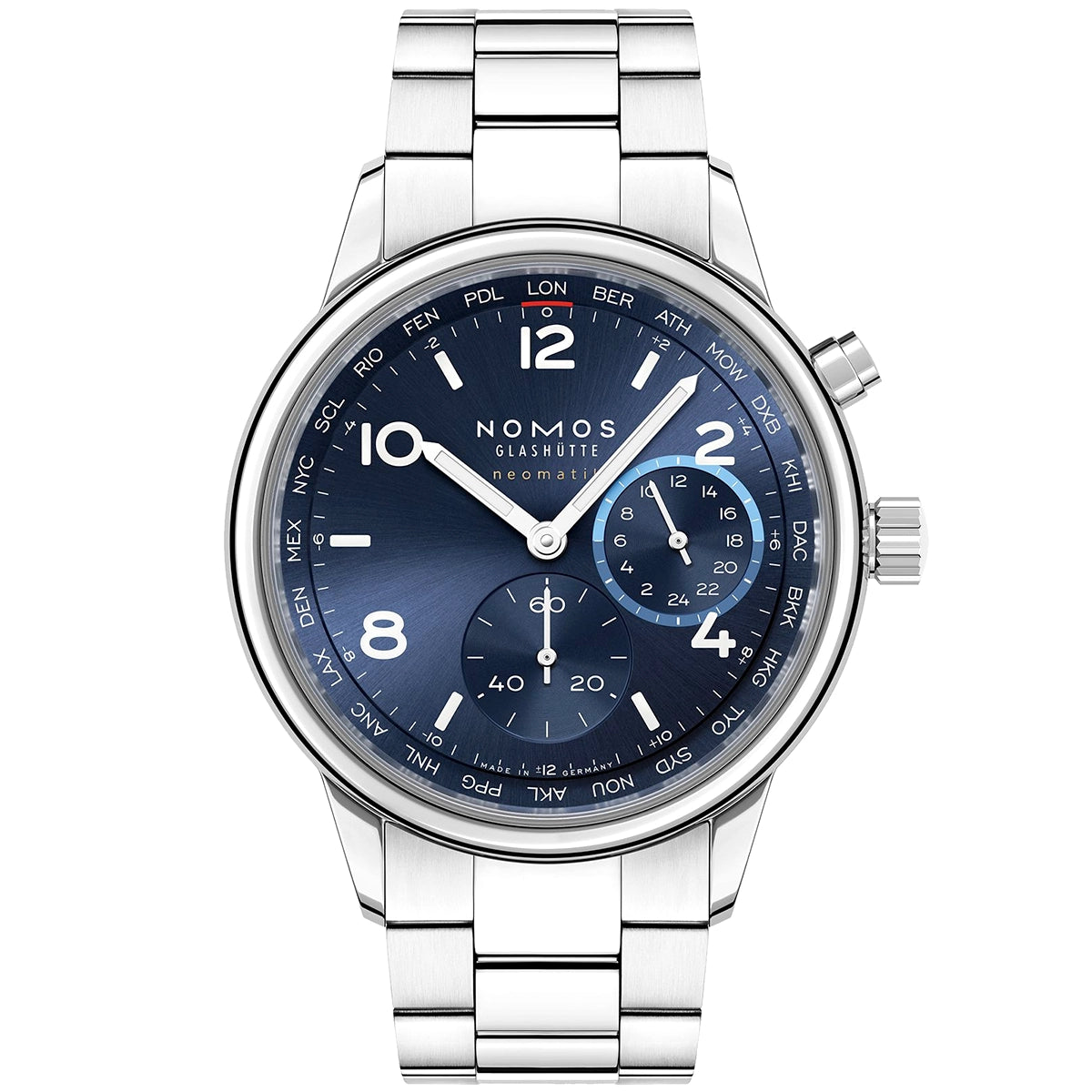 NOMOS Glashütte Club Sport Neomatik Worldtimer 40mm Blue Dial Mens Bracelet Watch - Berry's Jewellers