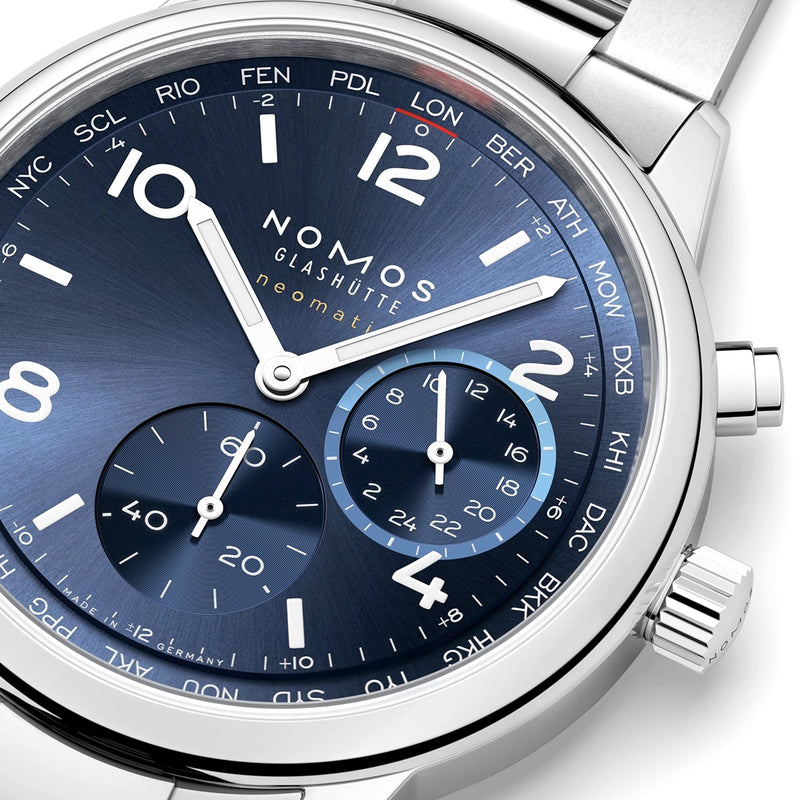 NOMOS Glashütte Club Sport Neomatik Worldtimer 40mm Blue Dial Mens Bracelet Watch - Berry's Jewellers