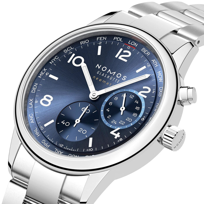 NOMOS Glashütte Club Sport Neomatik Worldtimer 40mm Blue Dial Mens Bracelet Watch - Berry's Jewellers