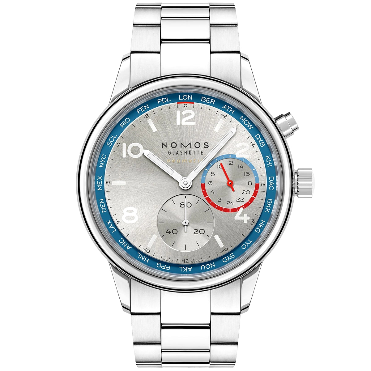 NOMOS Glashütte Club Sport Neomatik Worldtimer 40mm Silver Dial Mens Bracelet Watch - Berry's Jewellers