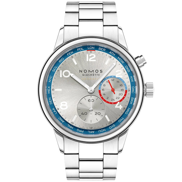NOMOS Glashütte Club Sport Neomatik Worldtimer 40mm Silver Dial Mens Bracelet Watch - Berry's Jewellers
