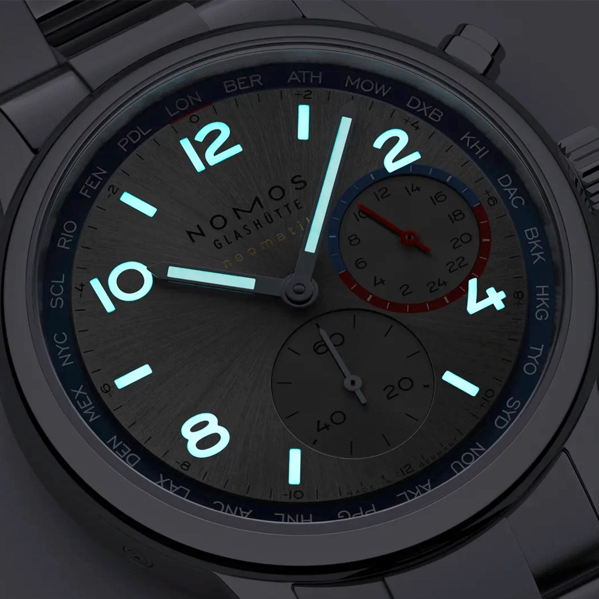 NOMOS Glashütte Club Sport Neomatik Worldtimer 40mm Silver Dial Mens Bracelet Watch - Berry's Jewellers