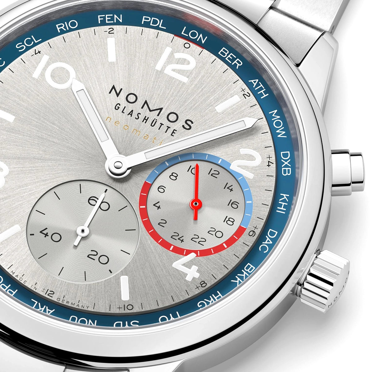NOMOS Glashütte Club Sport Neomatik Worldtimer 40mm Silver Dial Mens Bracelet Watch - Berry's Jewellers