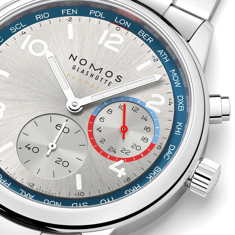 NOMOS Glashütte Club Sport Neomatik Worldtimer 40mm Silver Dial Mens Bracelet Watch - Berry's Jewellers