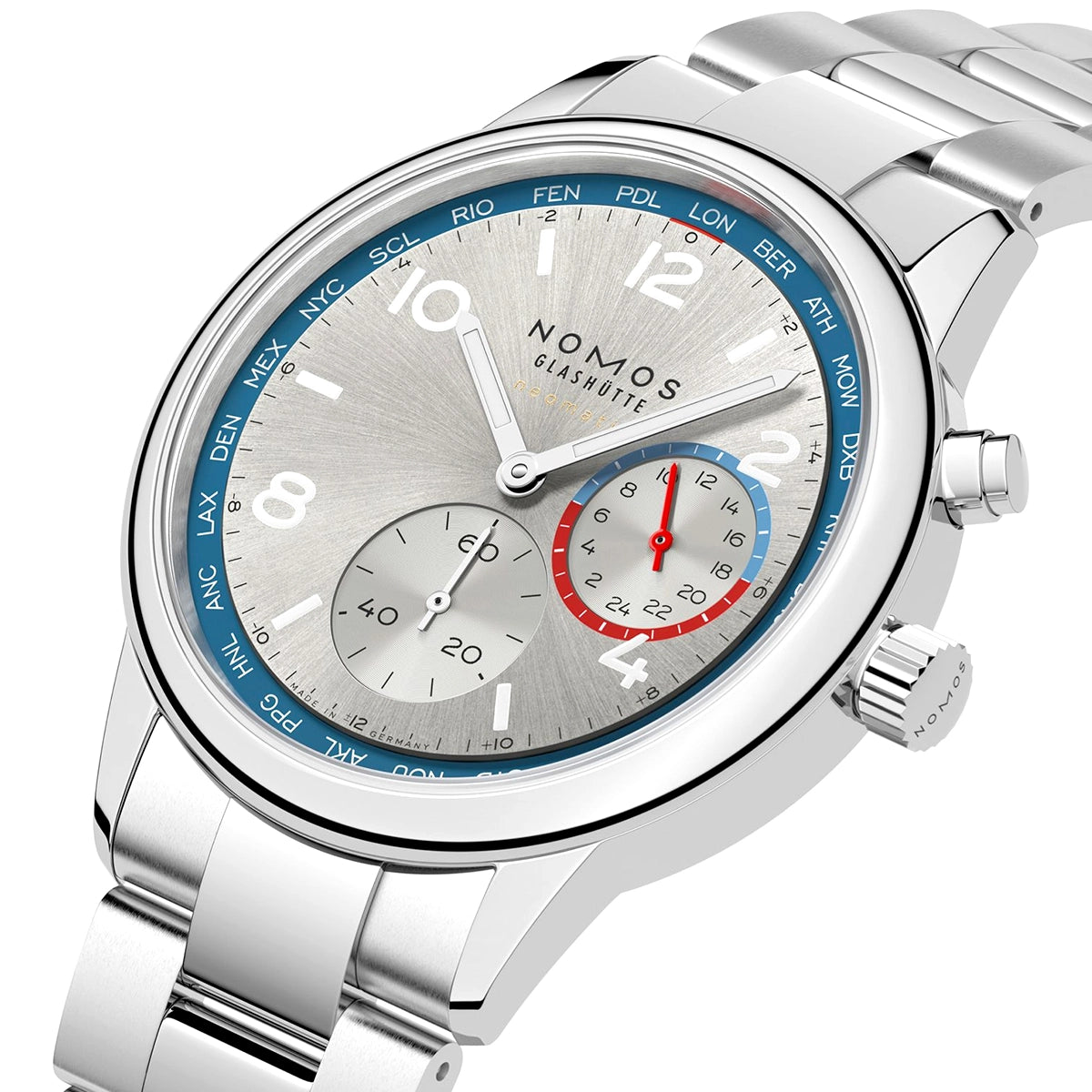 NOMOS Glashütte Club Sport Neomatik Worldtimer 40mm Silver Dial Mens Bracelet Watch - Berry's Jewellers