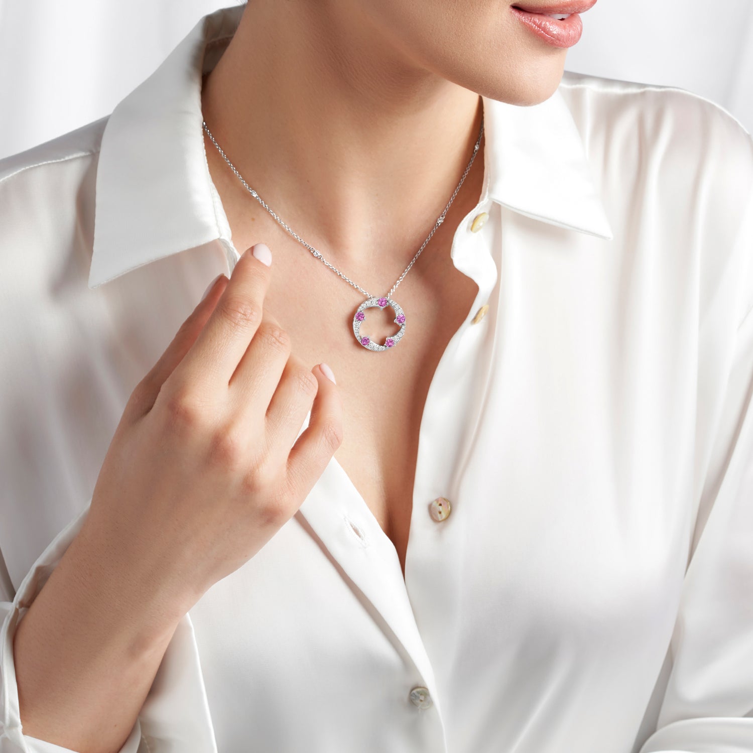 OPEIA Collection 18ct White Gold Pink Sapphire And Diamond Fancy Large Circle Pendant With Chain